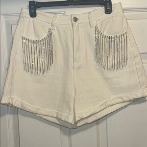 White Cloud Ten Denim Shorts with Silver Accents